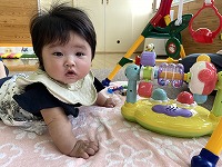 うつ伏せで遊ぶ６か月の女の子