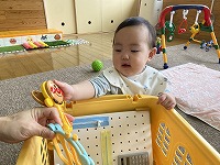 かごの中からおもちゃを選ぶ１０カ月の女の子